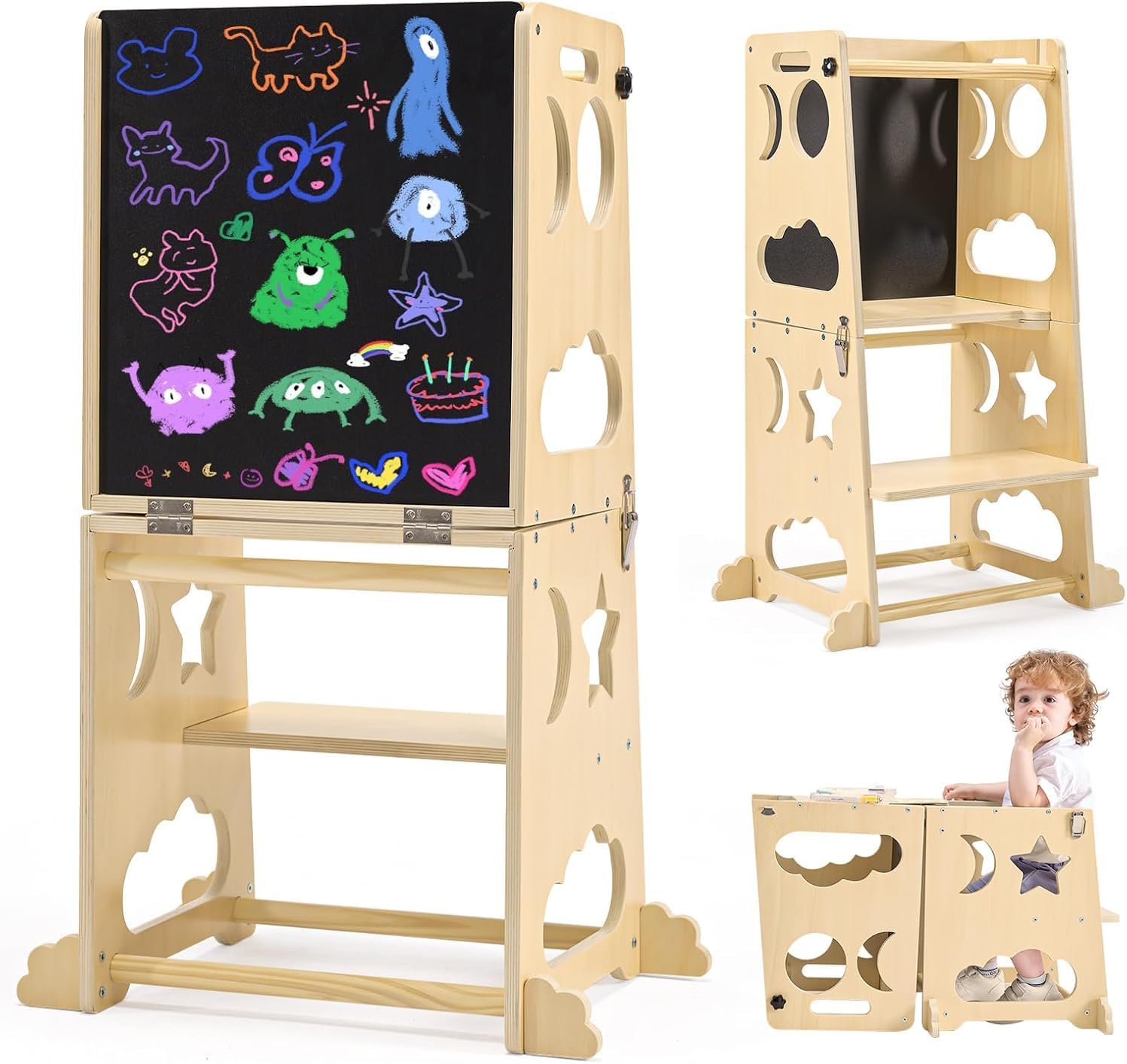 Toddler Learning Tower - Katlanabilir Çocuk Mutfak Kulesi, Güvenlik Korkuluklu
