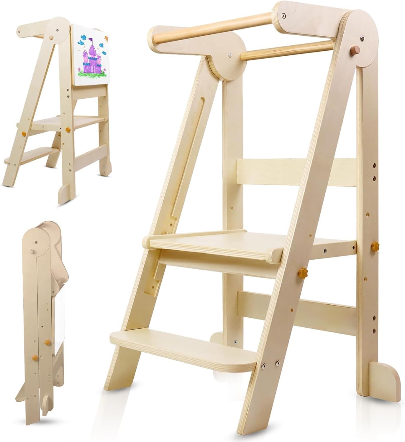 Toddler Learning Tower - Katlanabilir Çocuk Mutfak Kulesi, Beyaz Tahta